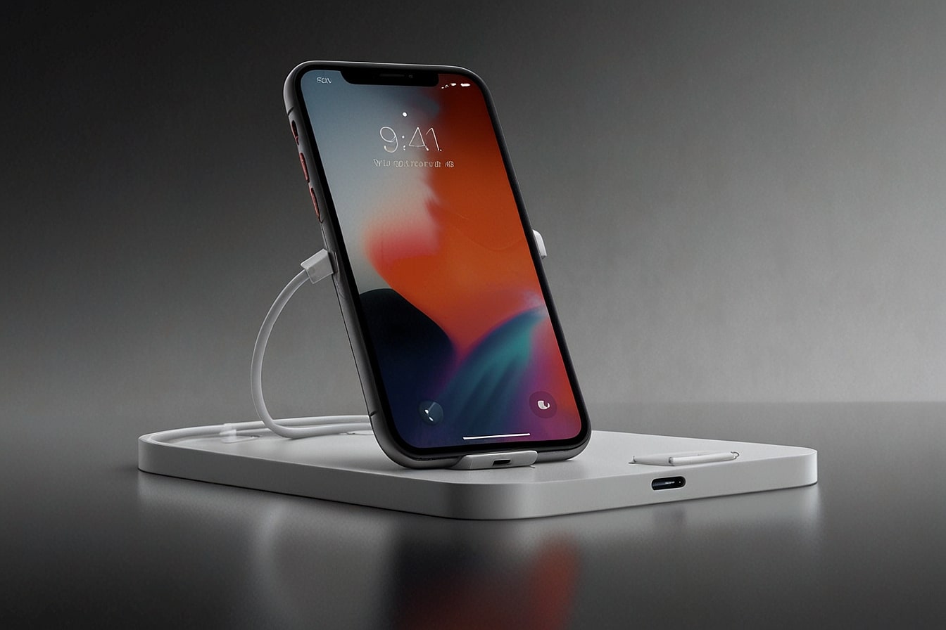 Futuristic digital rendering of an iPhone 17 Pro connected to a sleek 65W USB-C charger, glowing with dynamic energy lines to highlight its fast-charging innovation.