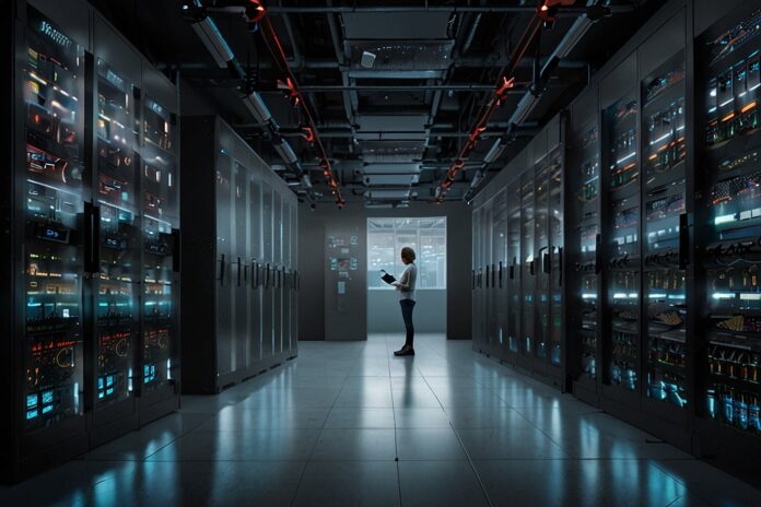 Digital illustration of a futuristic data center with glowing server racks and Meta and Oracle logos, symbolizing their $20 billion AI cloud partnership.