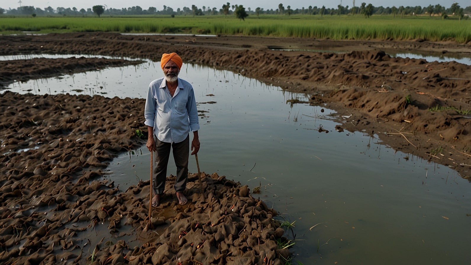 A weathered Indian shrimp farmer stands knee-deep in a brackish pond at dawn, holding a net with sparse catch, while processing plant smokestacks loom in the misty background of Visakhapatnam's coastline.