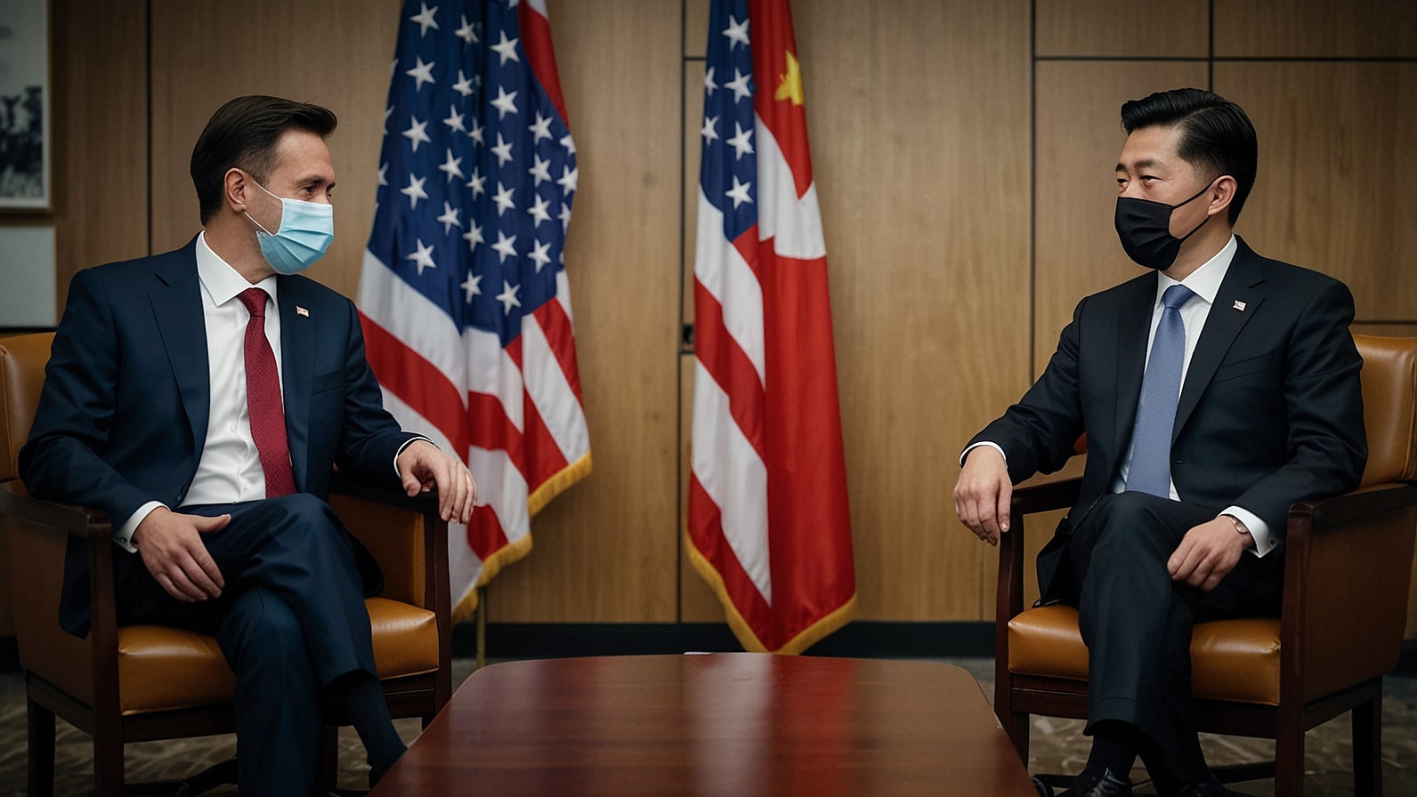 U.S. Treasury Secretary Scott Bessent and Chinese Vice Premier He Lifeng face off across a conference table in Madrid's Palacio de Congresos, with a digital screen displaying TikTok’s logo in the background.