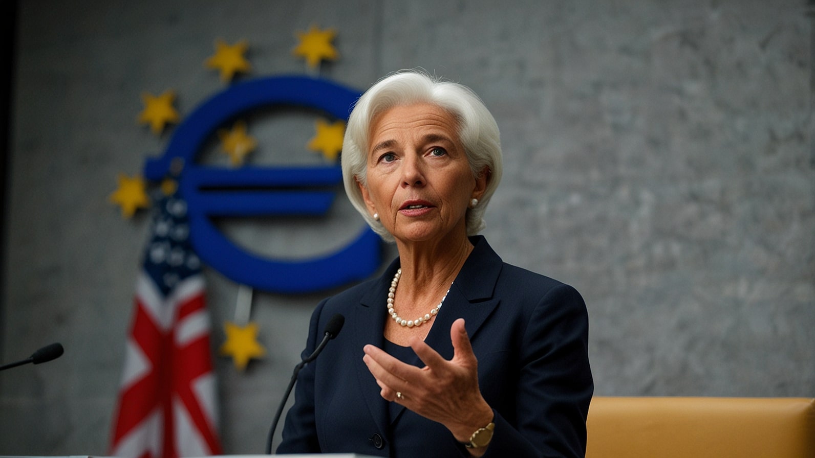 ECB President Christine Lagarde speaks at a podium in Frankfurt, addressing a packed press conference with a backdrop of the ECB logo and eurozone flags.
