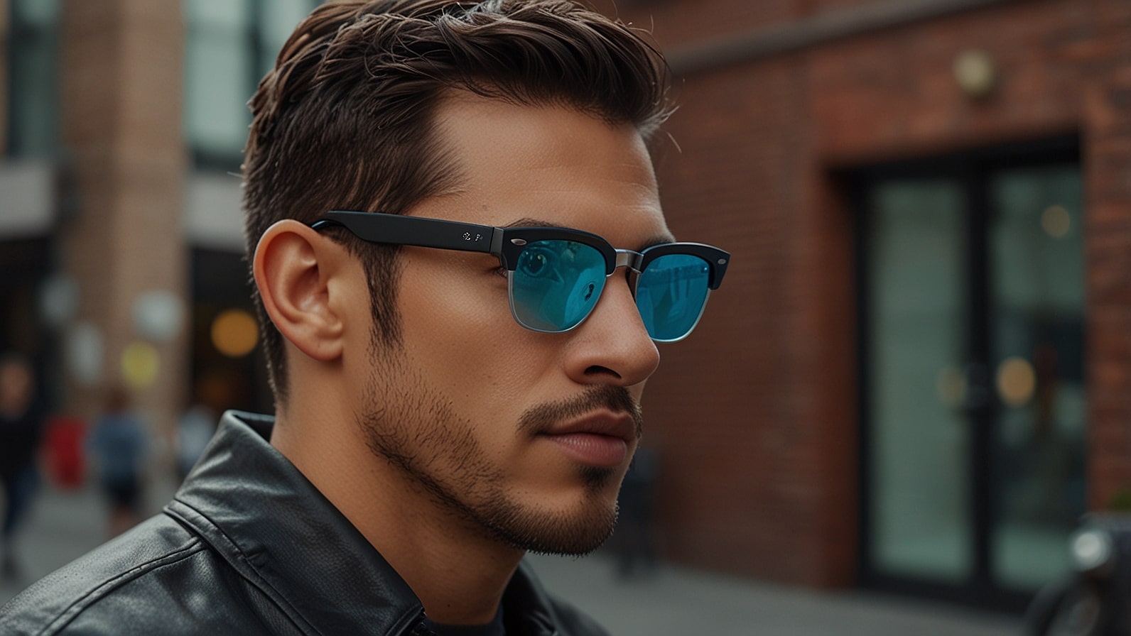 Sleek Ray-Ban Meta Gen 2 smart glasses with embedded AI camera and open-ear speakers, worn by a user viewing holographic AR overlays in a modern urban setting.